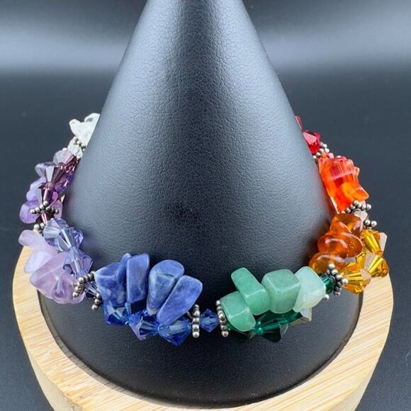 Artisan Sterling Silver Beaded Multi-Gemstone Cluster Rainbow Bracelet 7.5" - Picture 1 of 7